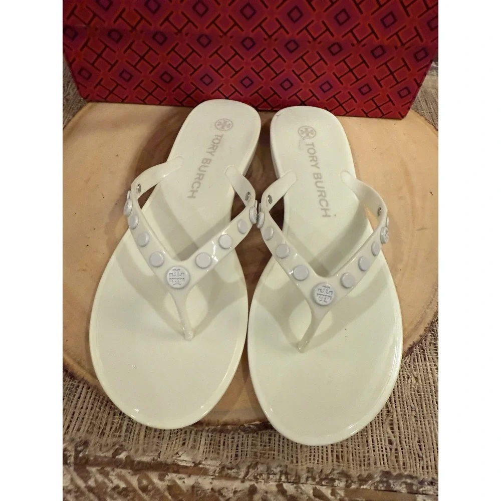 Tory Burch Studded Jelly Flip‎ Flop Thong Sandal Ivory 8 $148 New In Box